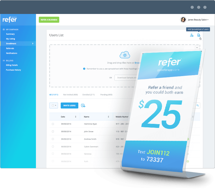 Refer business dashboard with user upload
